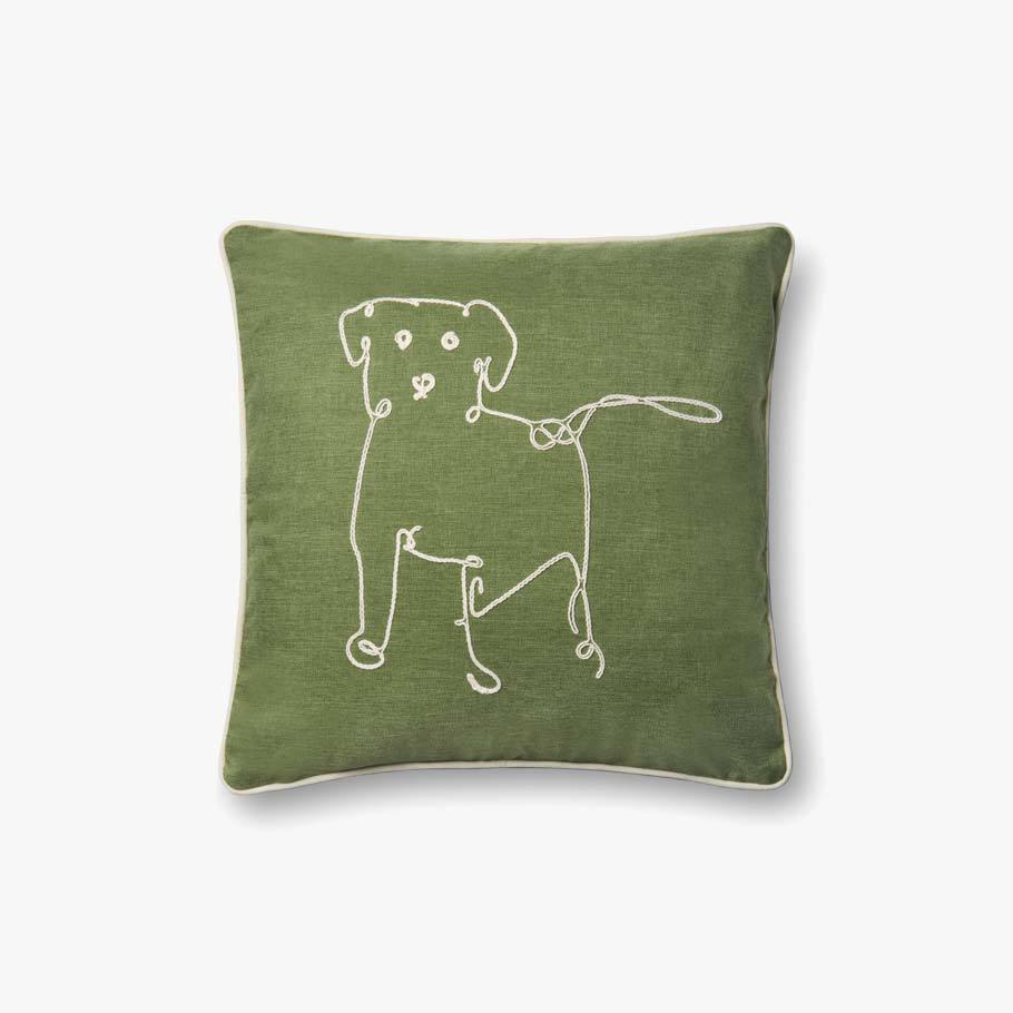 Green Puppy Embroidered Pillow